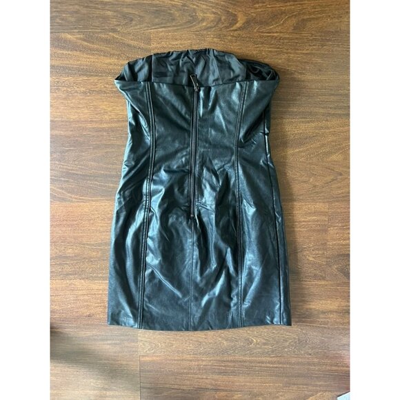 Forever 21 Black Faux Leather Strapless Mini Dress M Lace Up Corset Y2K Punk - Picture 3 of 5
